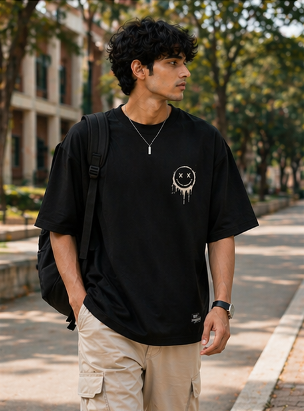 drip smile oversized t shirt – minimal streetwear black tee